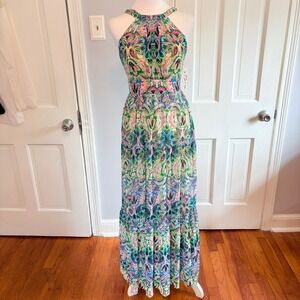 Eliza J Women 0P Maxi Dress Multicolor Paisley Halter Neck Tiered Chiffon NWT